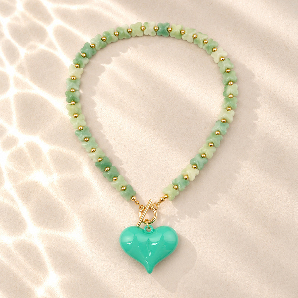 Puffy Heart Toggle Clasp Beaded Necklace - Green