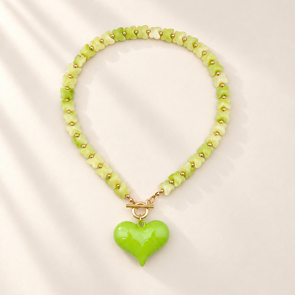 Puffy Heart Toggle Clasp Beaded Necklace - Lime_Green