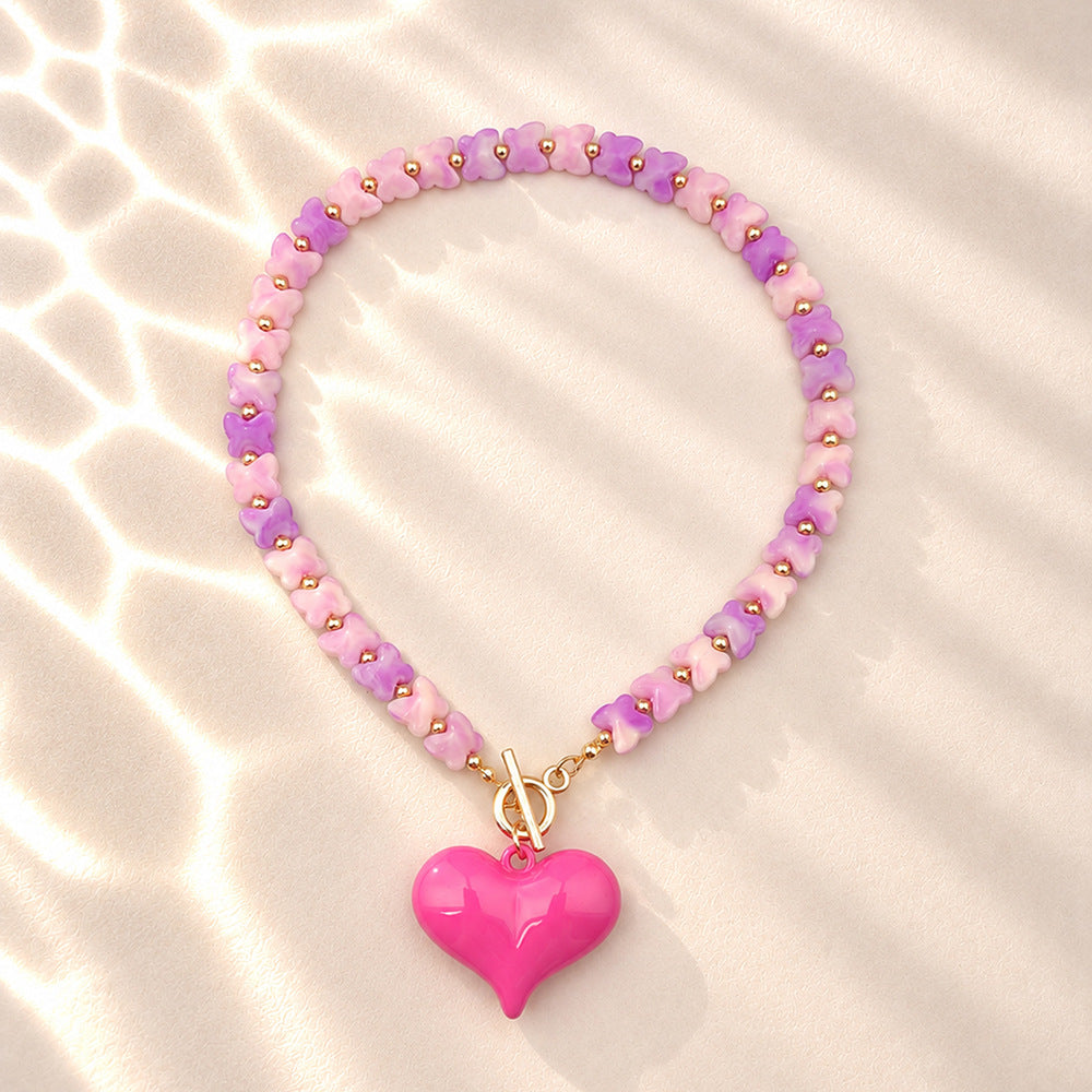 Puffy Heart Toggle Clasp Beaded Necklace - Purple