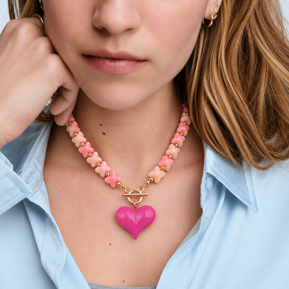 Puffy Heart Toggle Clasp Beaded Necklace - Rose
