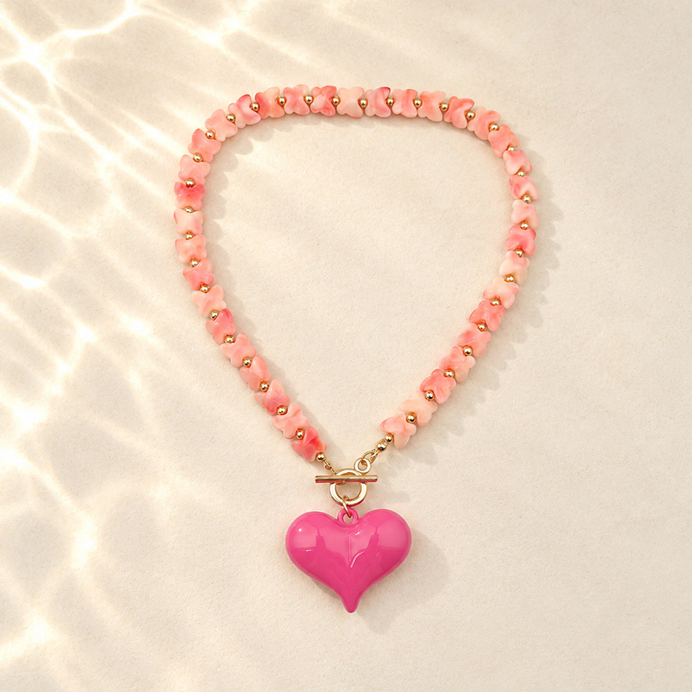 Puffy Heart Toggle Clasp Beaded Necklace - Rose - 1