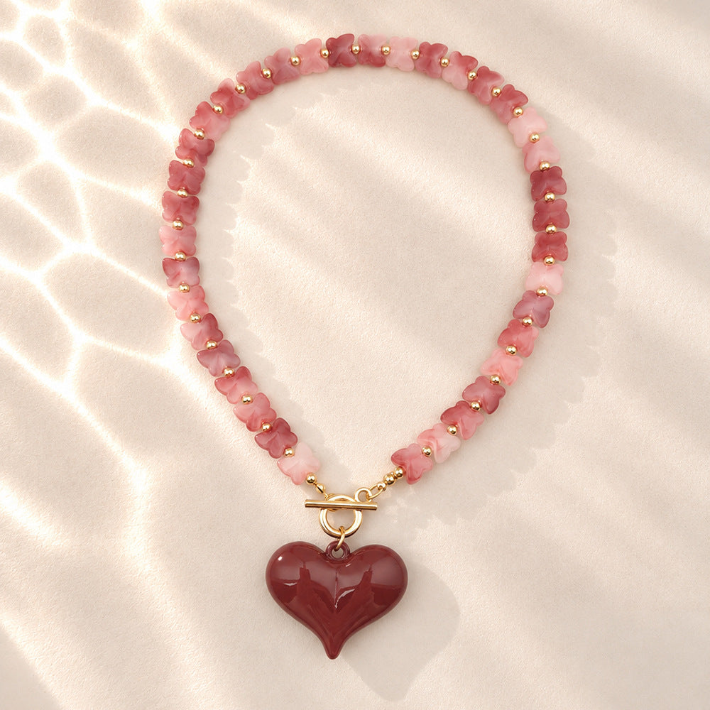 Puffy Heart Toggle Clasp Beaded Necklace - Wine_Red
