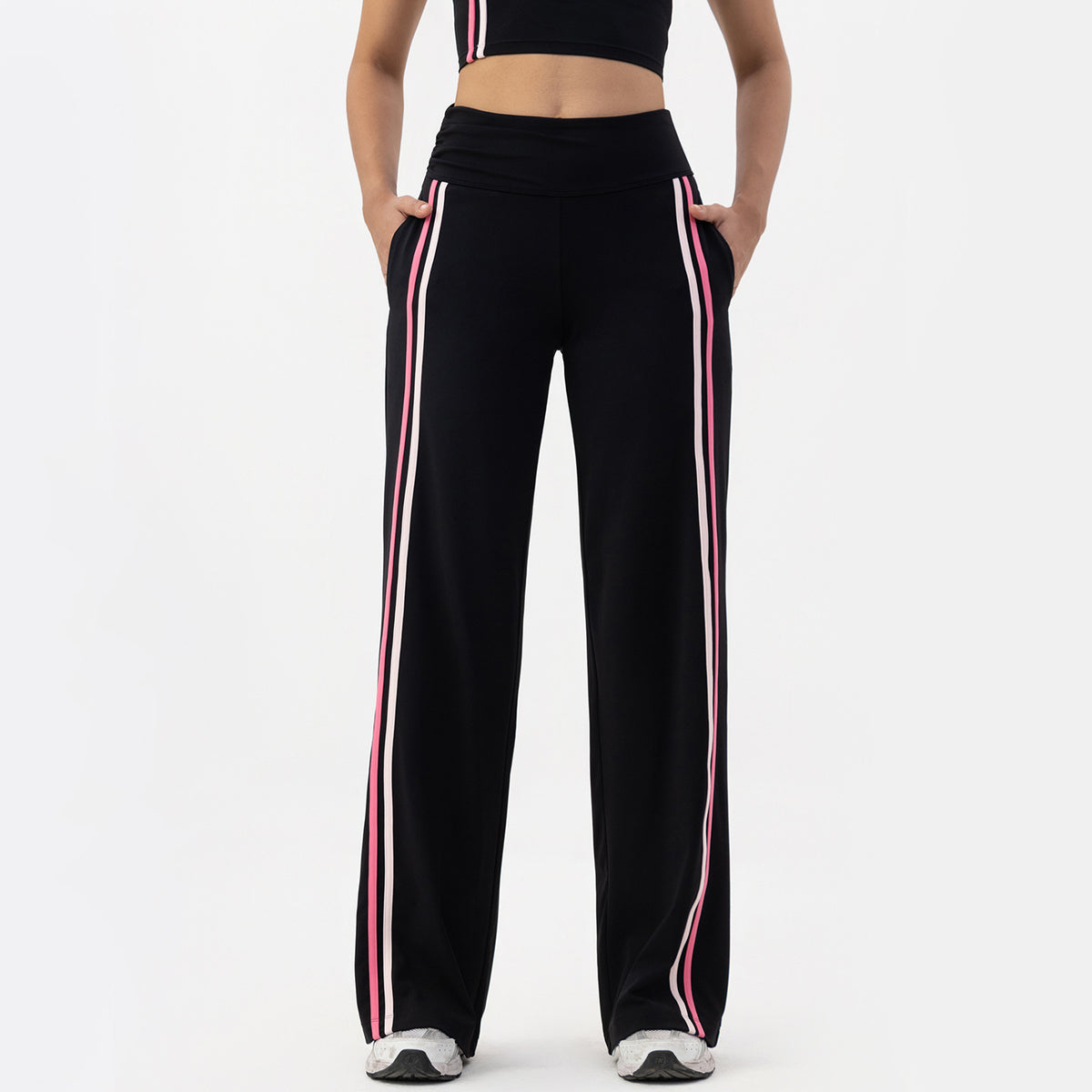 Wide Leg Track Pants With Contrast Stripes - Black