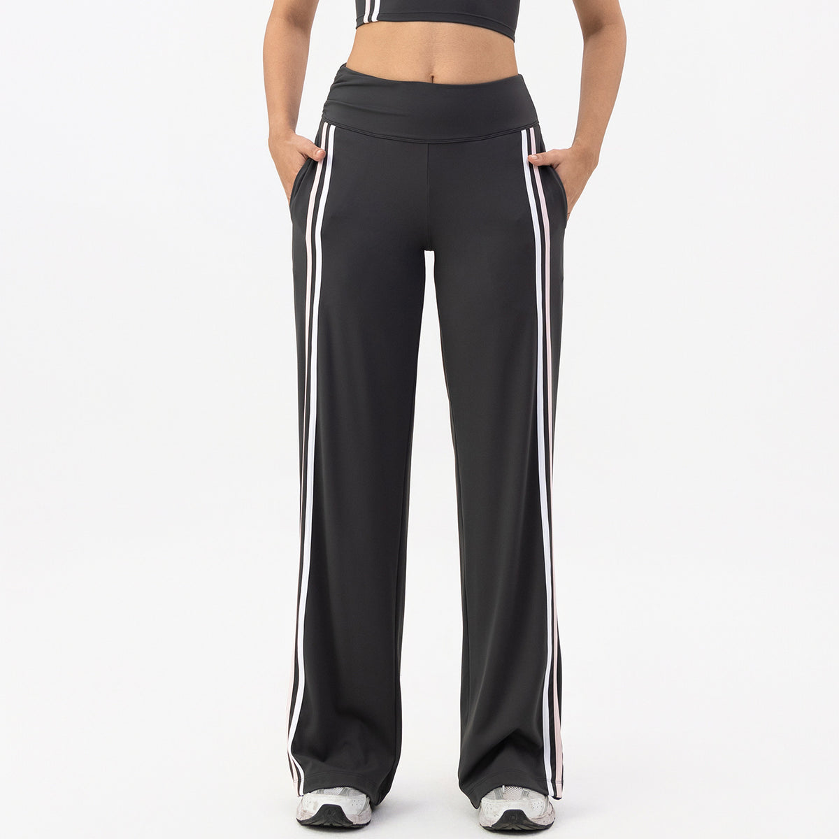 Wide Leg Track Pants With Contrast Stripes - Gray