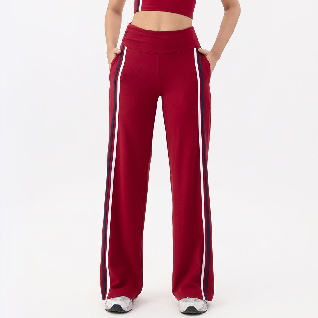 Wide Leg Track Pants With Contrast Stripes - Red