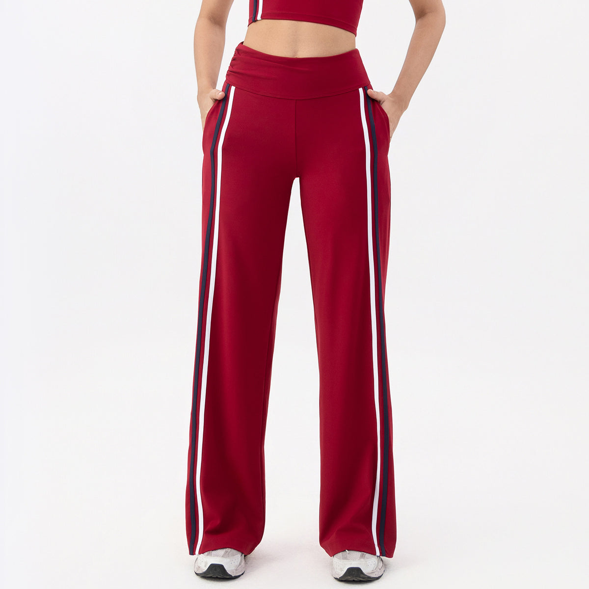 Wide Leg Track Pants With Contrast Stripes - Red