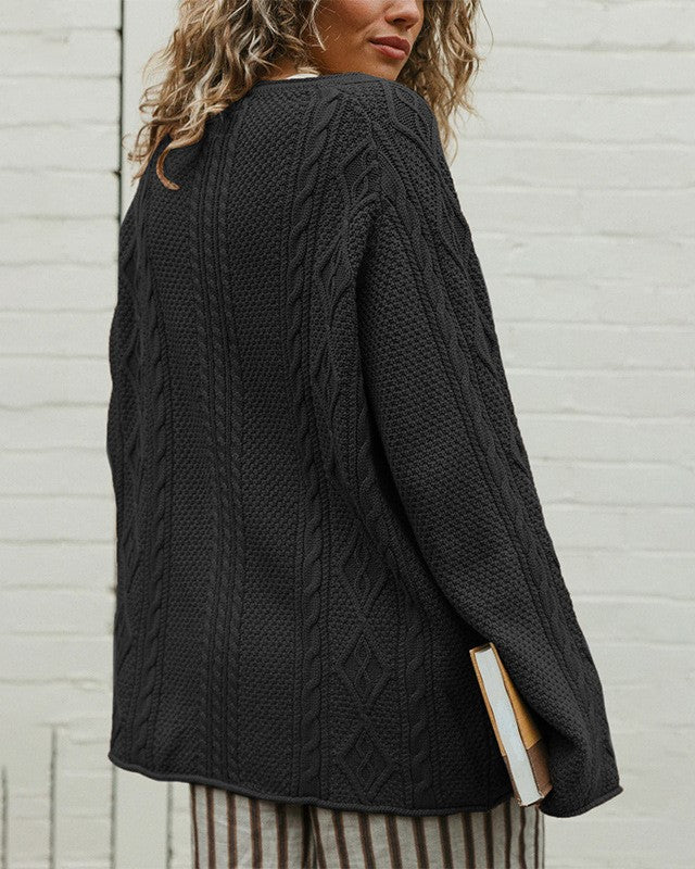 Cable Knit Crewneck Sweater With Curved Hem - Black - 1