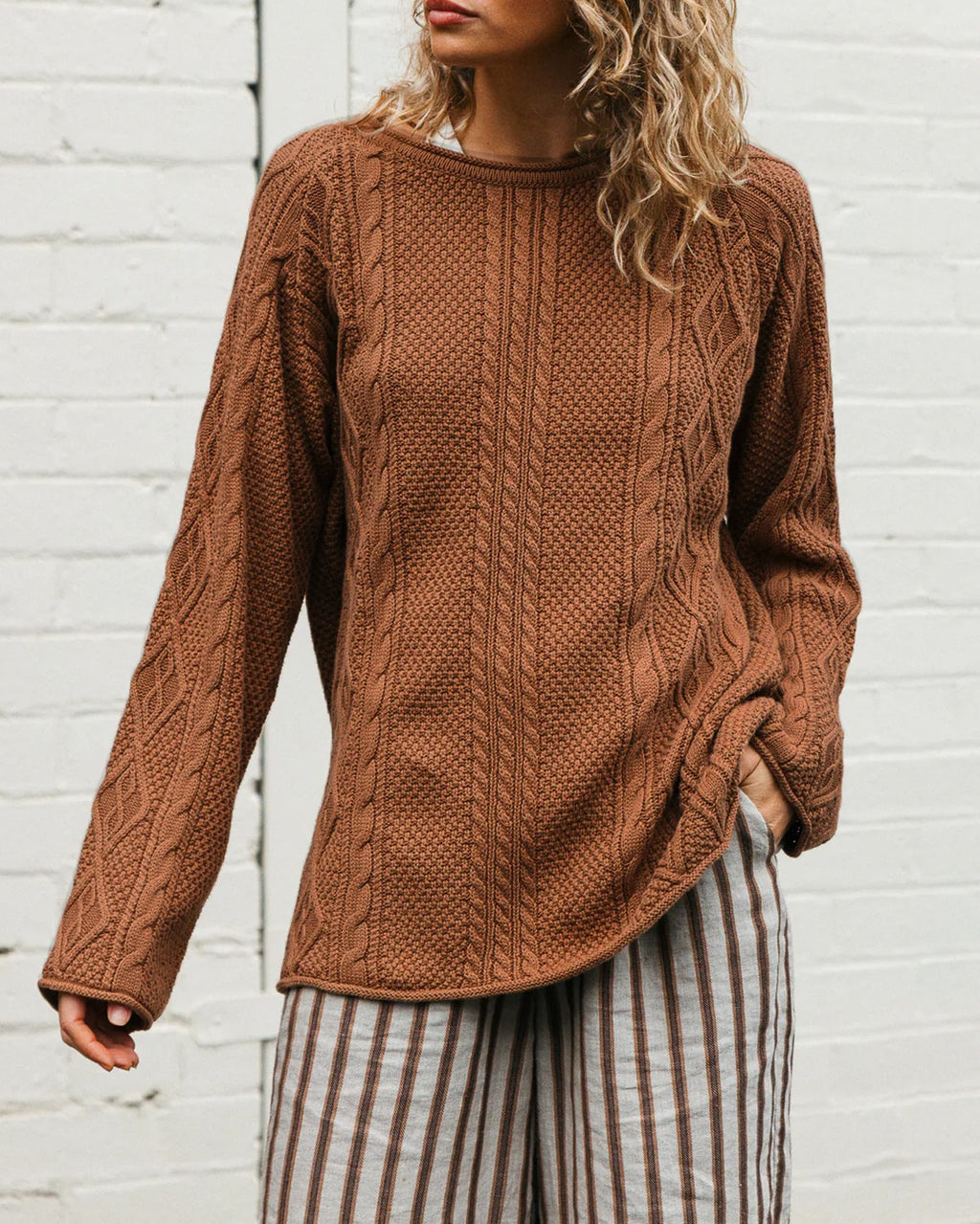 Cable Knit Crewneck Sweater With Curved Hem - Caramel