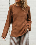 Cable Knit Crewneck Sweater With Curved Hem - Caramel