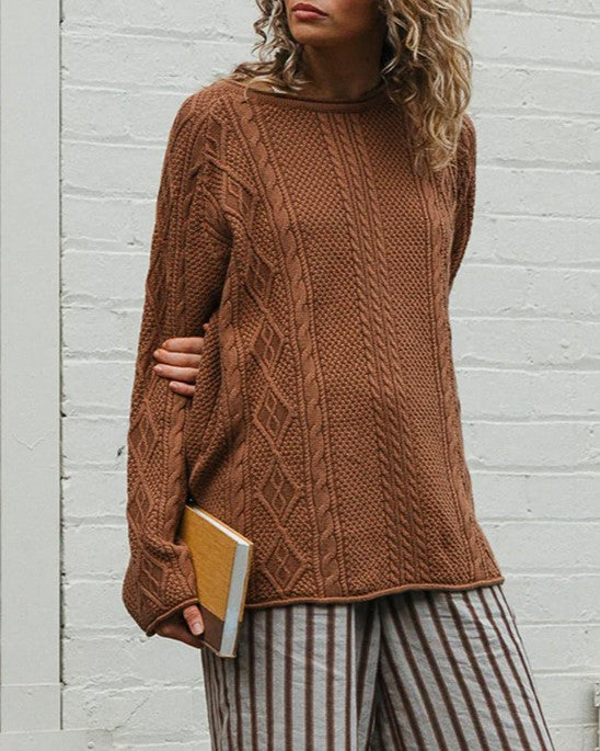 Cable Knit Crewneck Sweater With Curved Hem - Caramel - 1