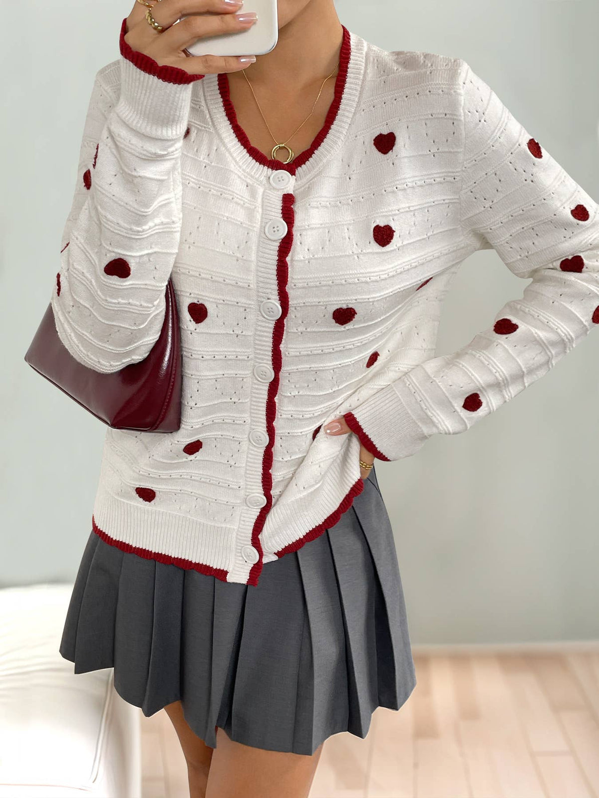 Heart Motif Contrast Scallop Trim Cardigan
