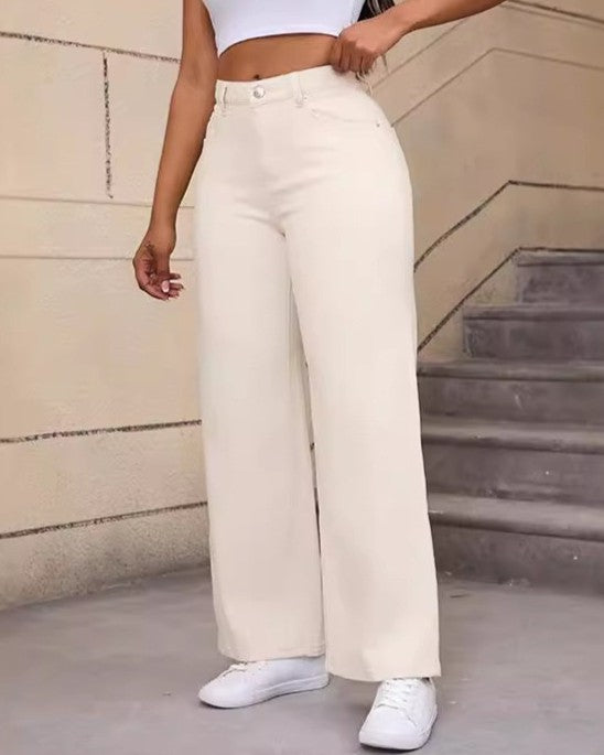 High Rise Wide Leg Tailored Jeans - Apricot
