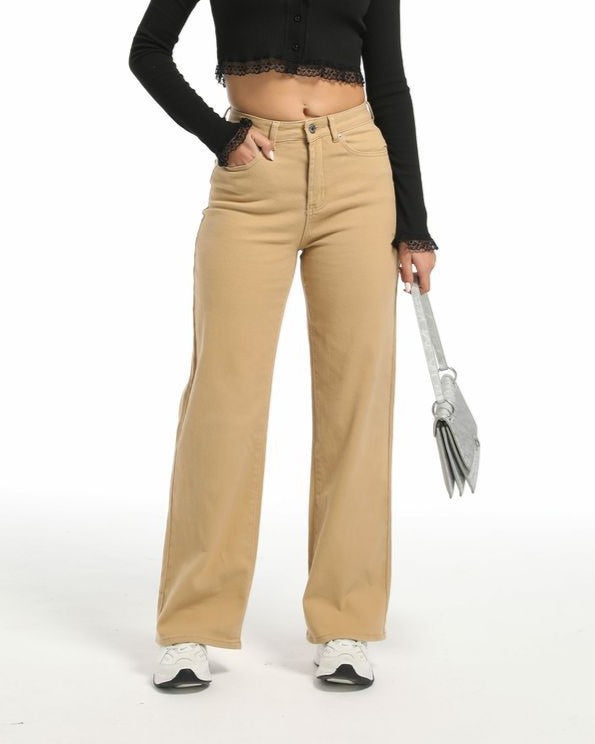 High Rise Wide Leg Tailored Jeans - Khaki - 1