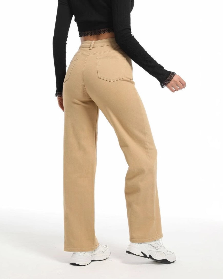 High Rise Wide Leg Tailored Jeans - Khaki - 3