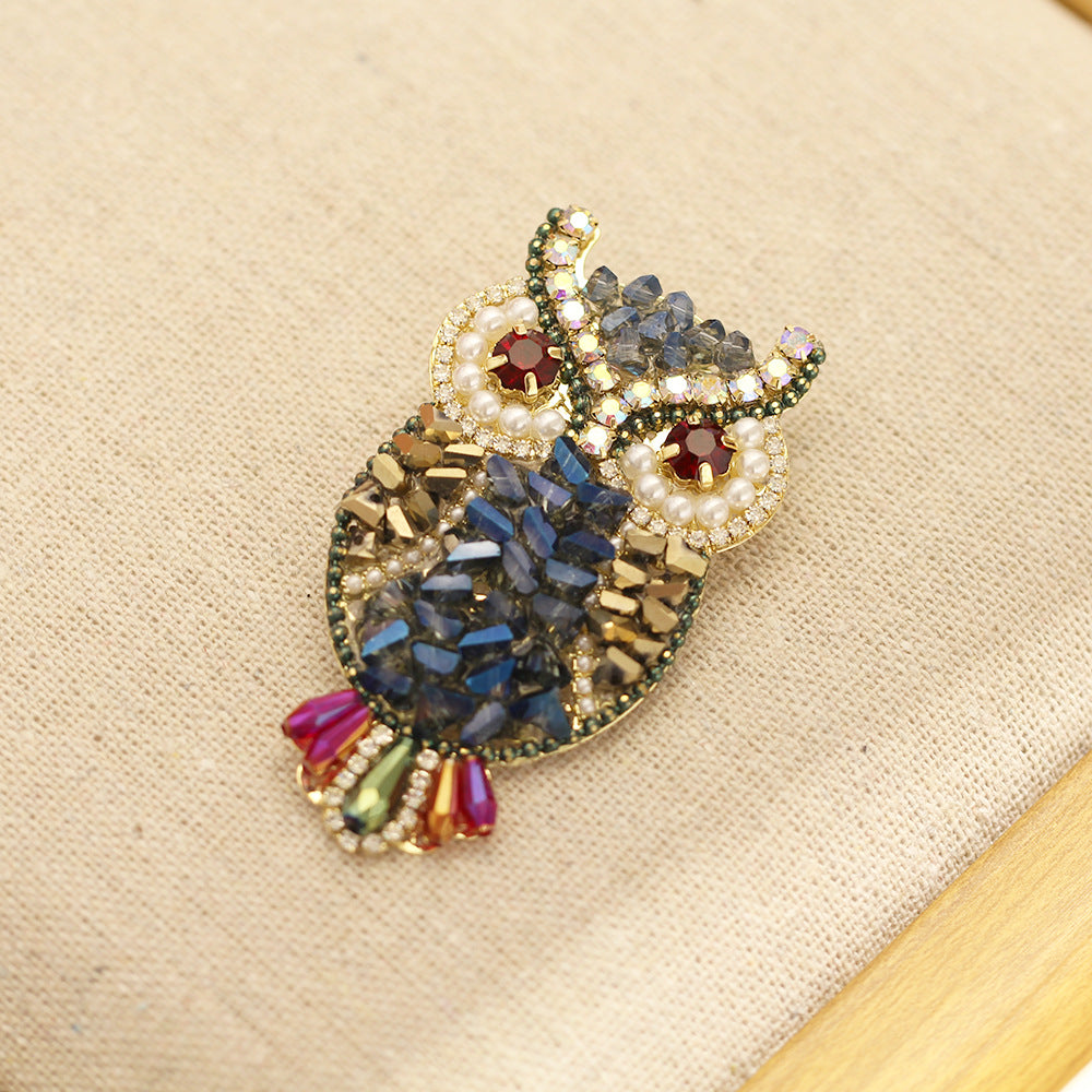 Beaded Crystal Owl Pin Brooch - Blue