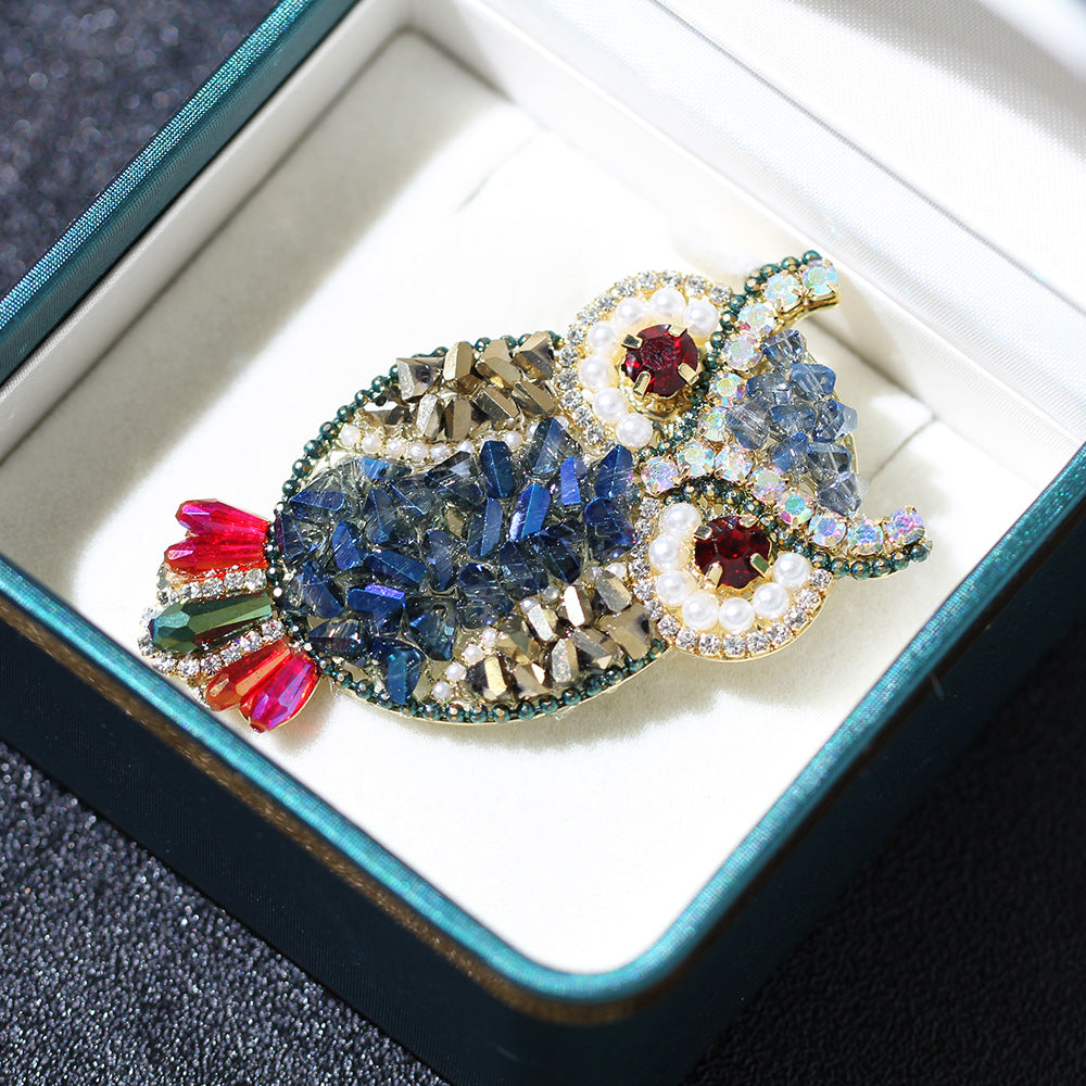 Beaded Crystal Owl Pin Brooch - Blue - 1