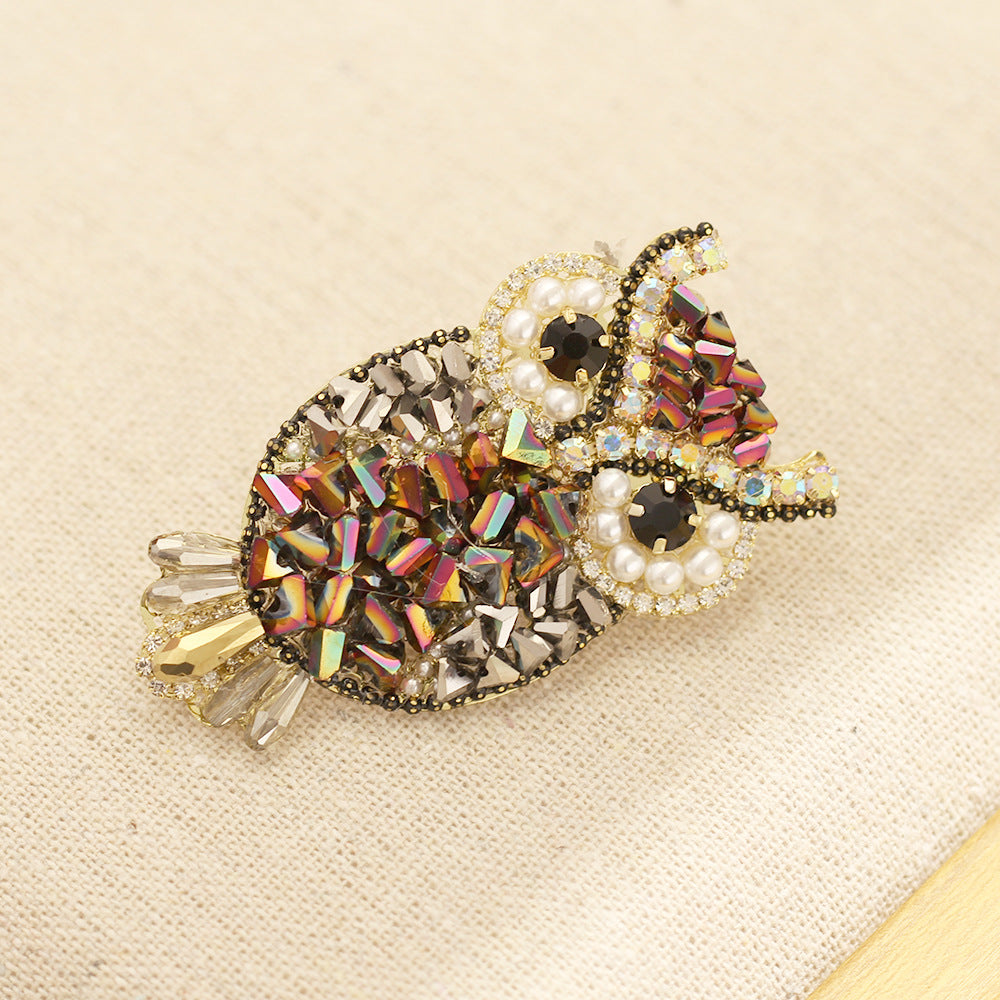Beaded Crystal Owl Pin Brooch - Purple