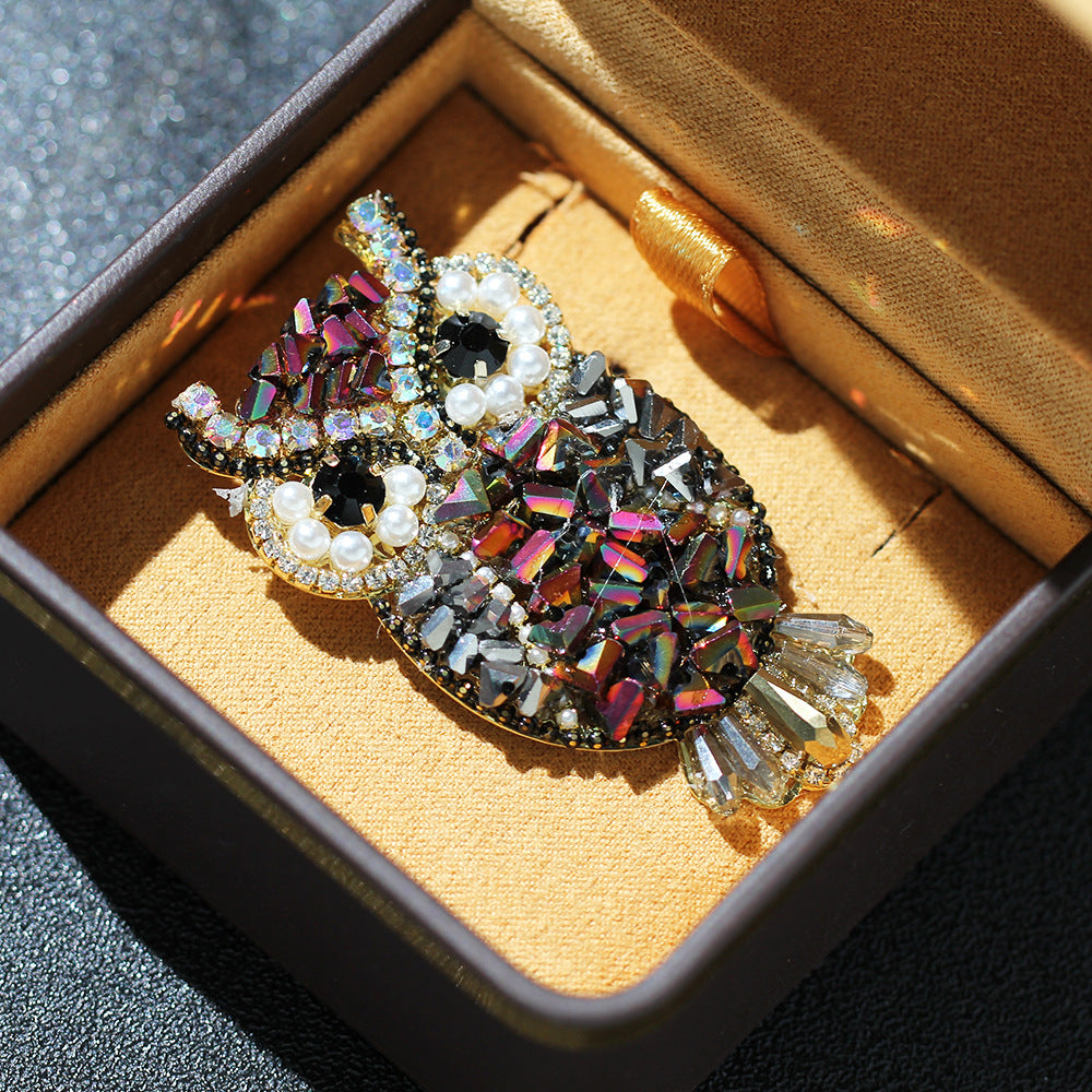 Beaded Crystal Owl Pin Brooch - Purple - 1