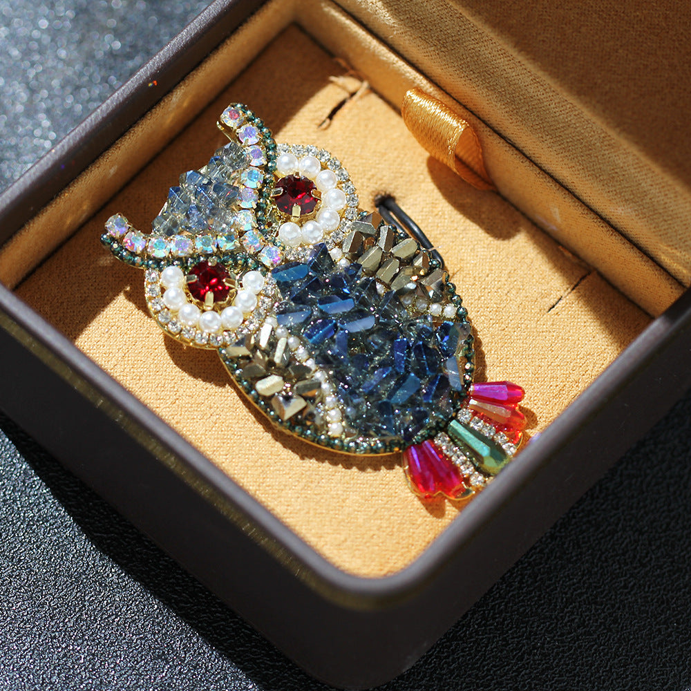 Beaded Crystal Owl Pin Brooch