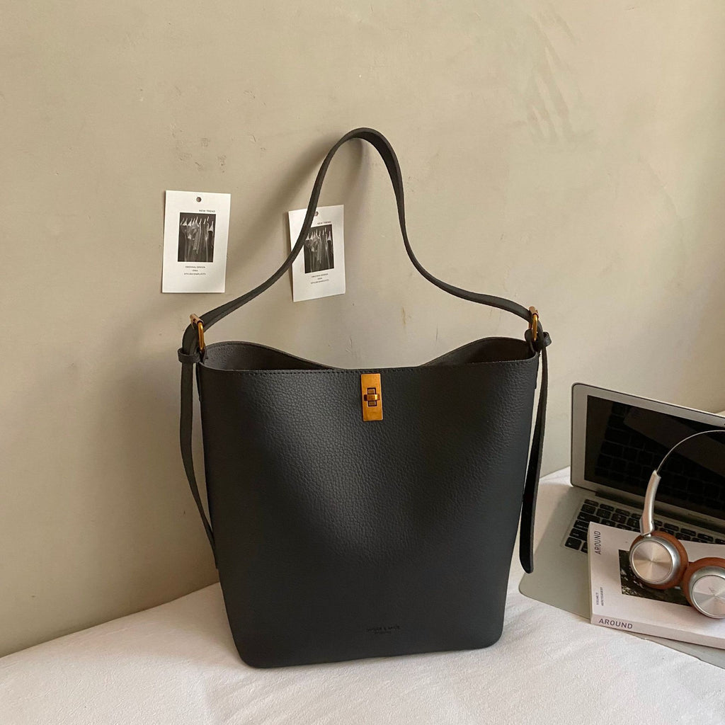 Slouchy Pebbled Bucket Bag with Zip Pouch - Black
