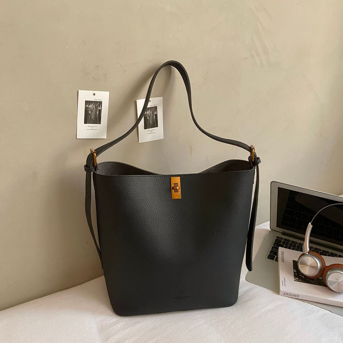 Slouchy Pebbled Bucket Bag with Zip Pouch - Black