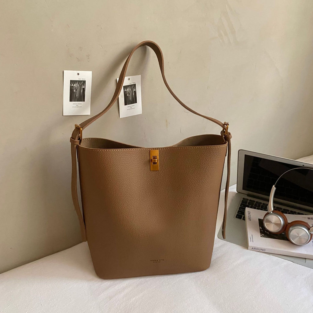 Slouchy Pebbled Bucket Bag with Zip Pouch - Brown