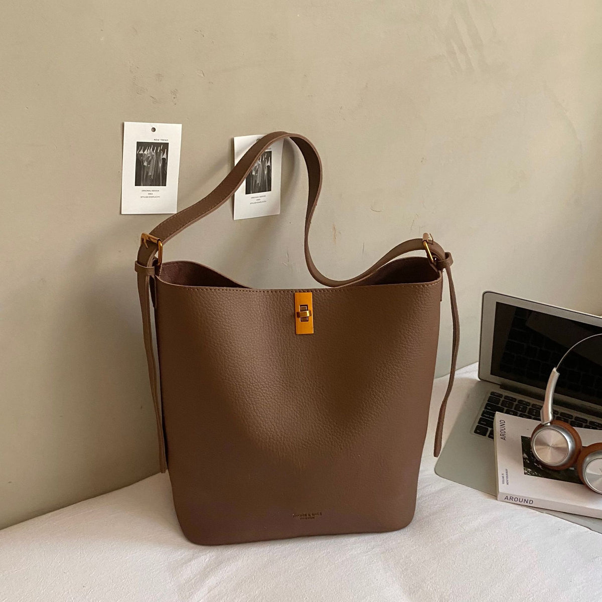 Slouchy Pebbled Bucket Bag with Zip Pouch - Chocolate