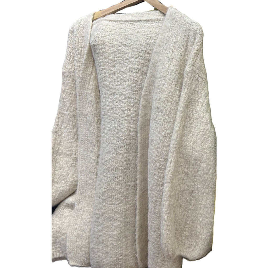 Brushed Boucle Open Front Lantern Sleeve Cardigan - Apricot