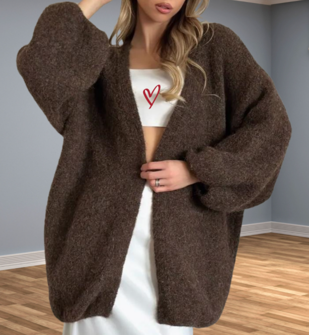 Brushed Boucle Open Front Lantern Sleeve Cardigan - Coffee