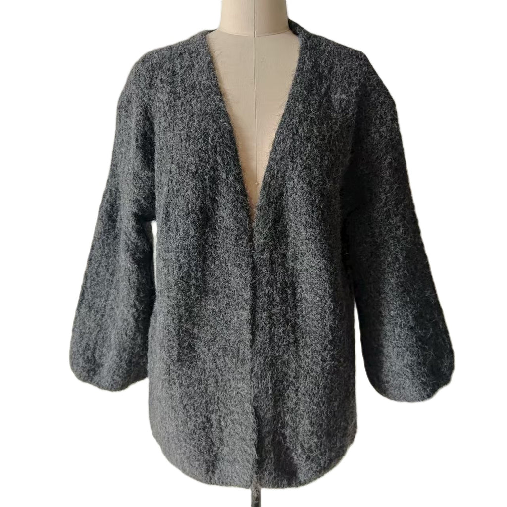 Brushed Boucle Open Front Lantern Sleeve Cardigan - Darkgrey