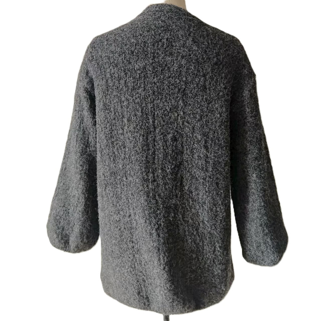 Brushed Boucle Open Front Lantern Sleeve Cardigan - Darkgrey - 1