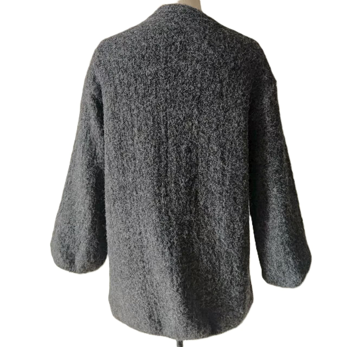 Brushed Boucle Open Front Lantern Sleeve Cardigan - Darkgrey - 1