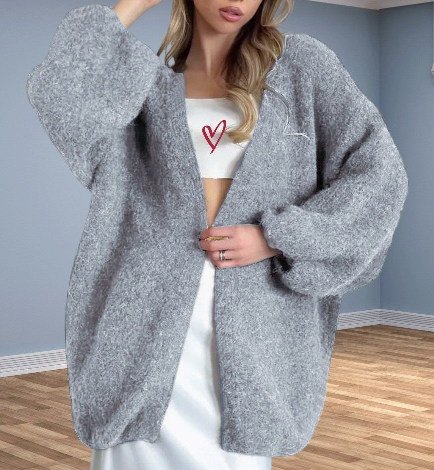 Brushed Boucle Open Front Lantern Sleeve Cardigan - Grey