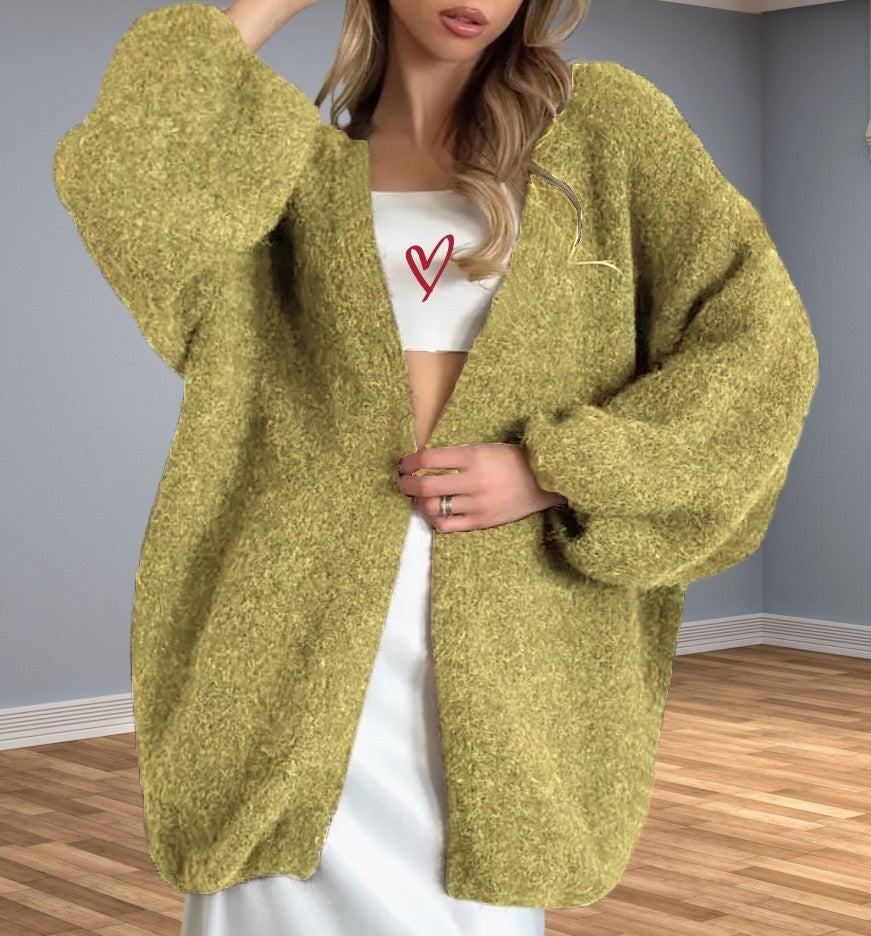 Brushed Boucle Open Front Lantern Sleeve Cardigan - Matcha