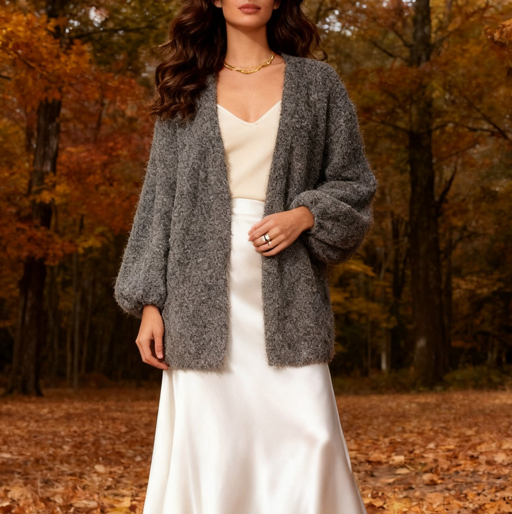 Brushed Boucle Open Front Lantern Sleeve Cardigan