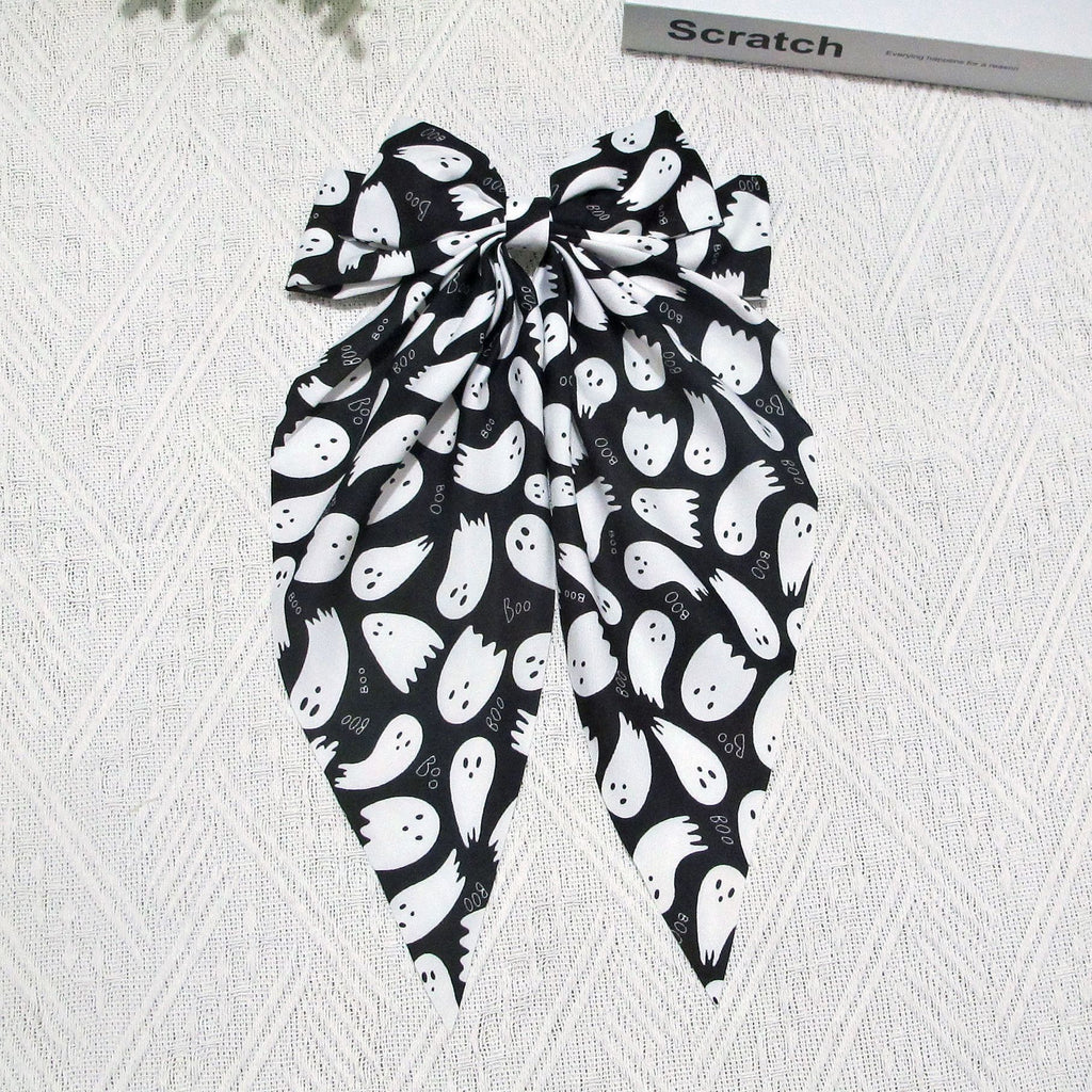 Spooky Ghost Print Long Tail Bow Barrette - Black
