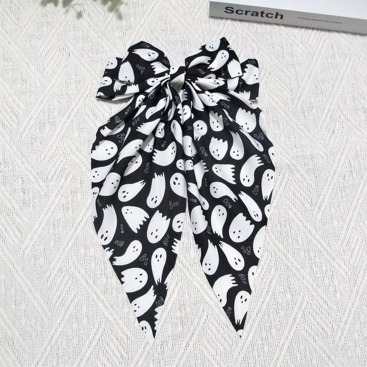 Spooky Ghost Print Long Tail Bow Barrette - Black