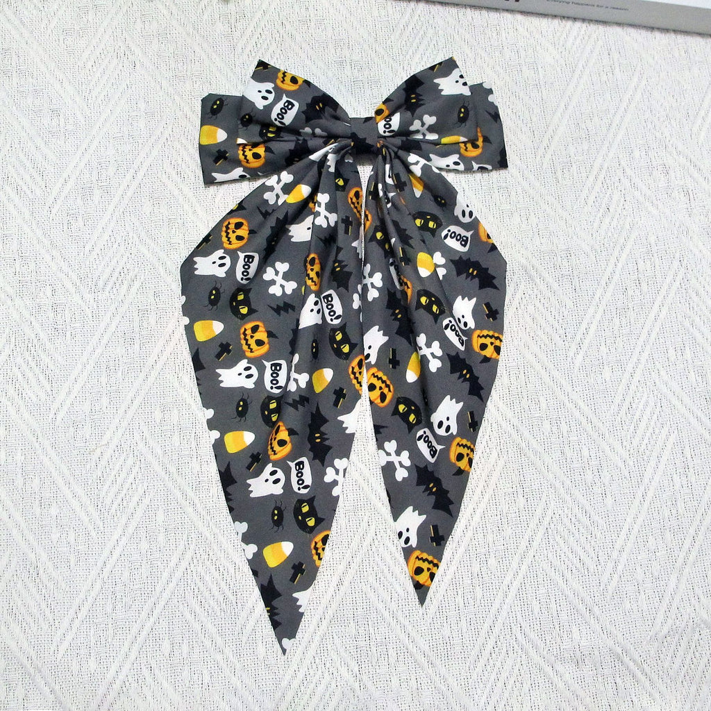 Spooky Ghost Print Long Tail Bow Barrette - Grey