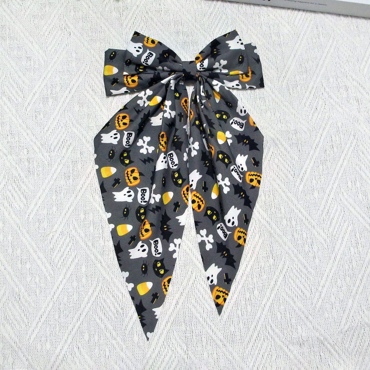 Spooky Ghost Print Long Tail Bow Barrette - Grey