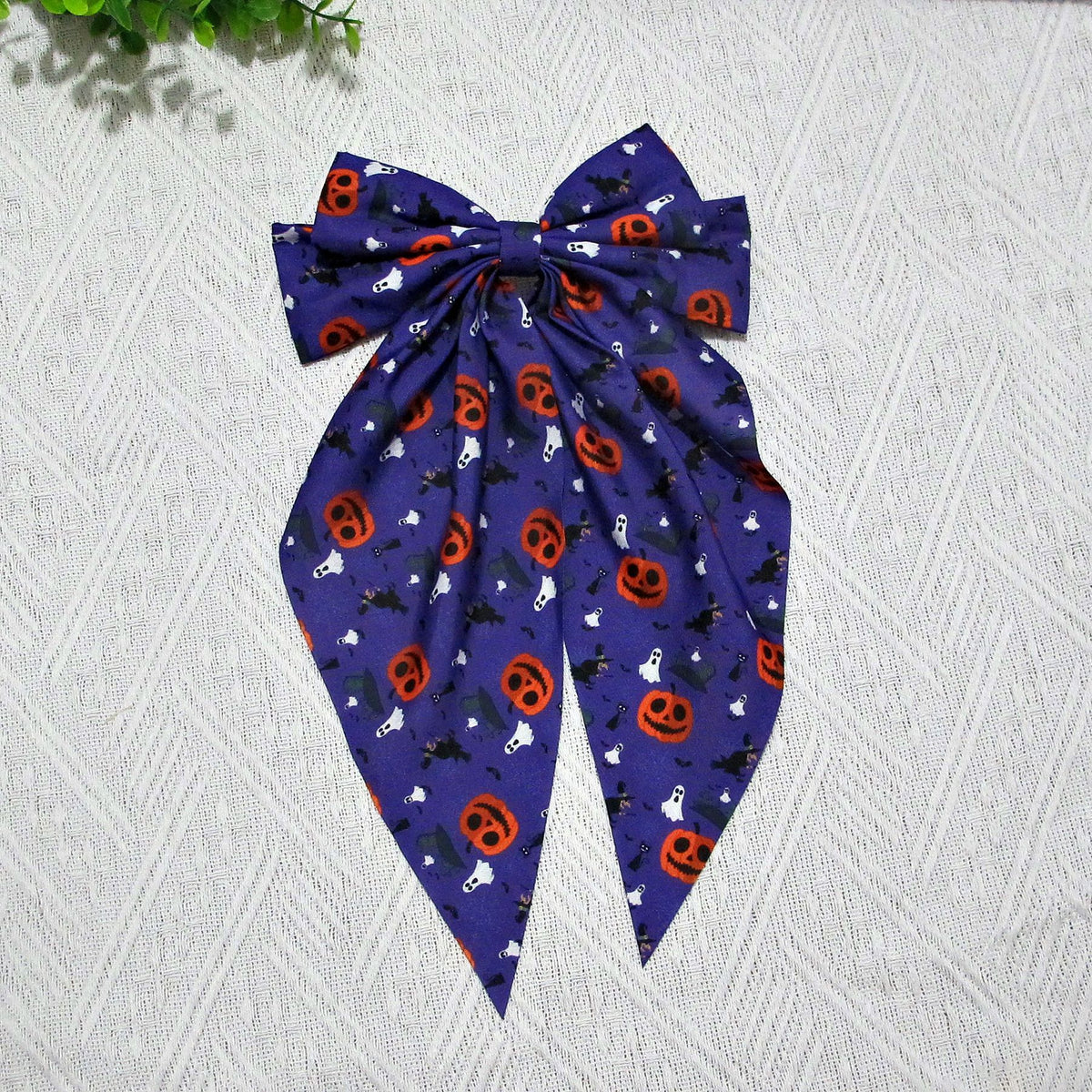 Spooky Ghost Print Long Tail Bow Barrette - Purple