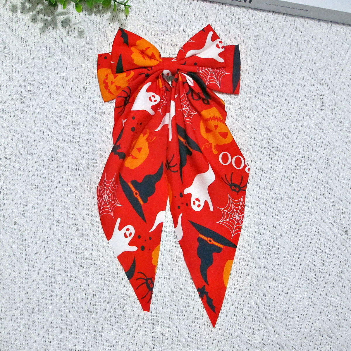 Spooky Ghost Print Long Tail Bow Barrette - Red