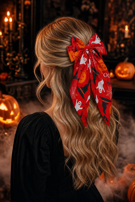 Spooky Ghost Print Long Tail Bow Barrette - Red - 1