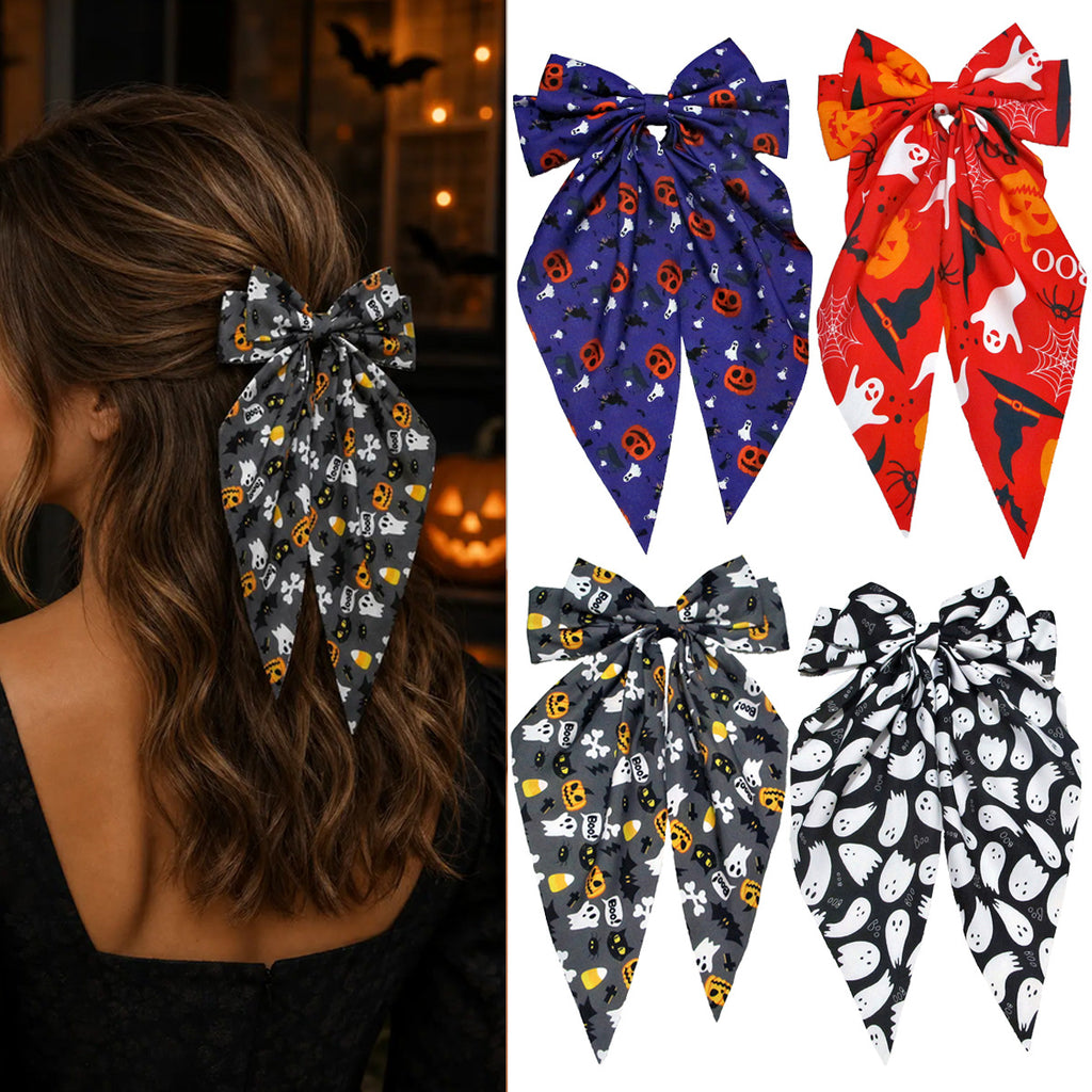 Spooky Ghost Print Long Tail Bow Barrette - view 1