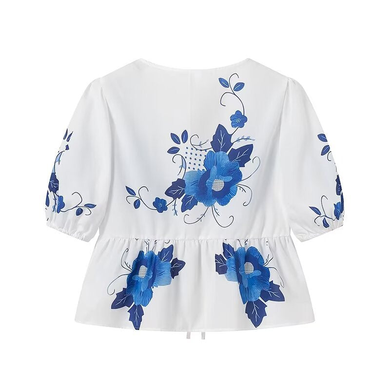 Floral Print Tie Front Peplum Blouse - Blue - 1