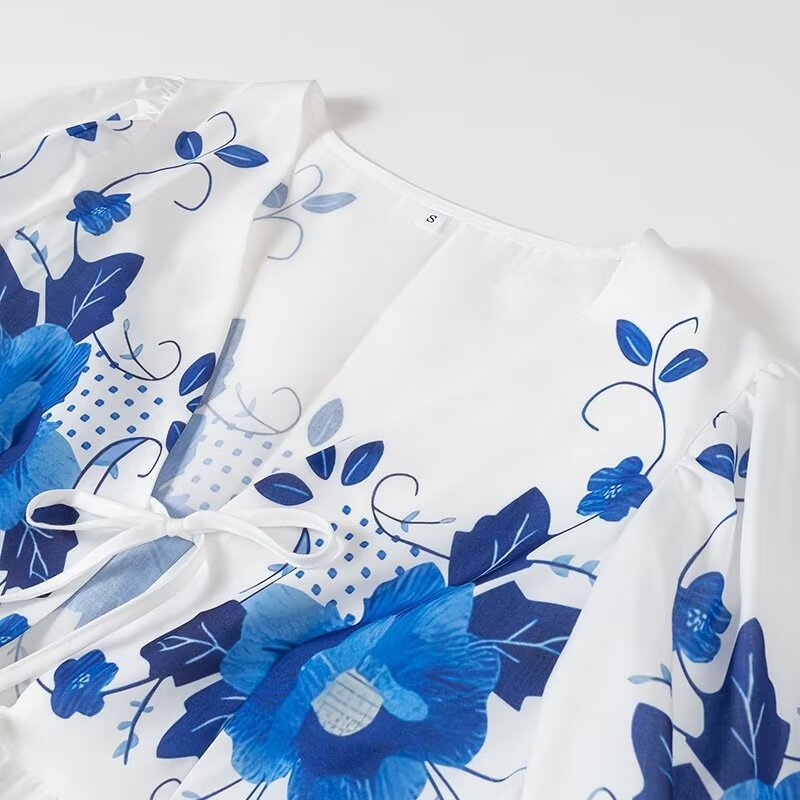 Floral Print Tie Front Peplum Blouse - Blue - 2