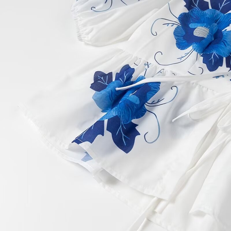Floral Print Tie Front Peplum Blouse - Blue - 5