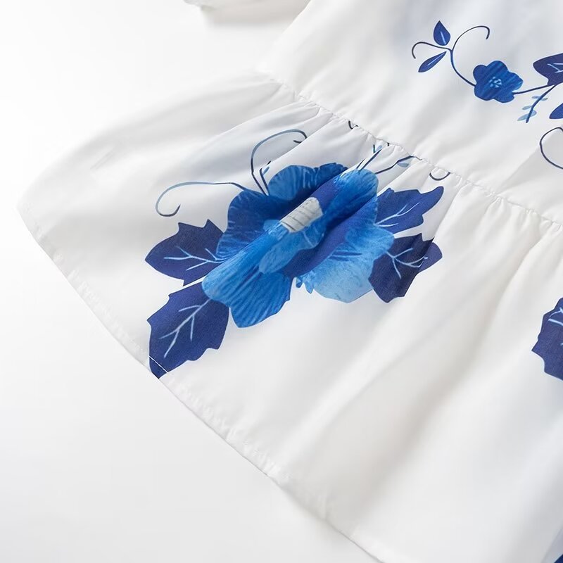 Floral Print Tie Front Peplum Blouse - Blue - 6