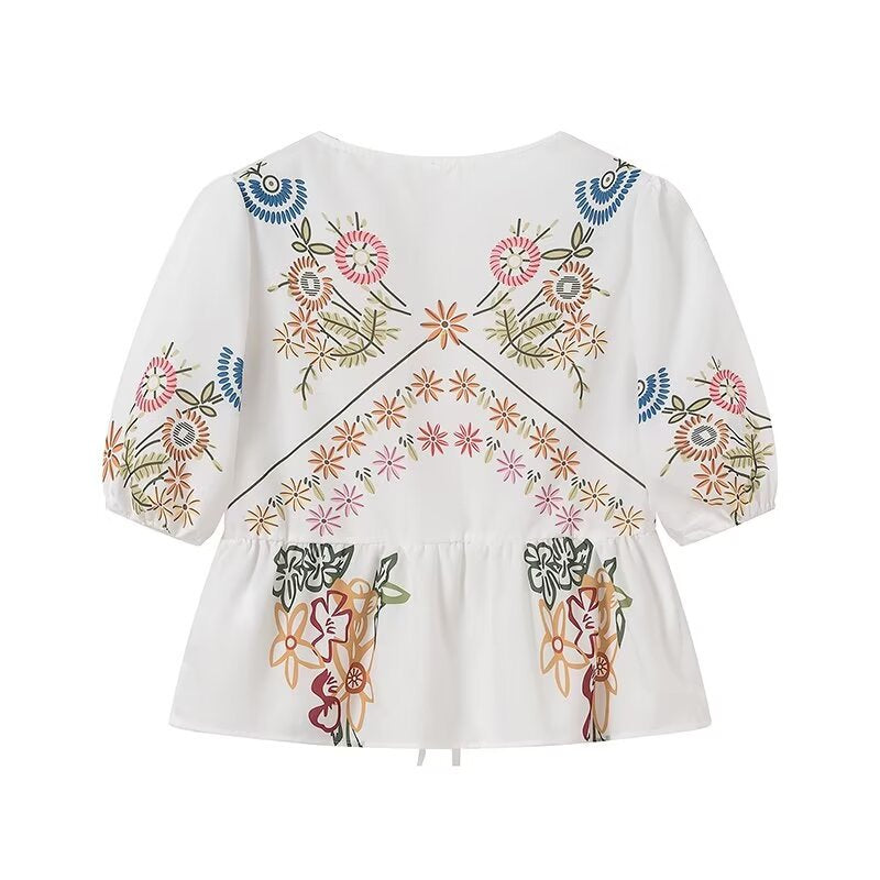 Floral Print Tie Front Peplum Blouse - Red - 1