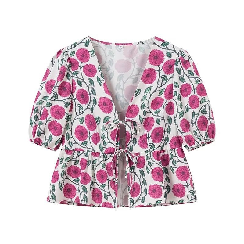 Floral Print Tie Front Peplum Blouse - Rosered