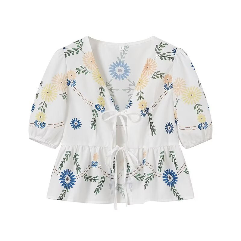 Floral Print Tie Front Peplum Blouse - Yellow